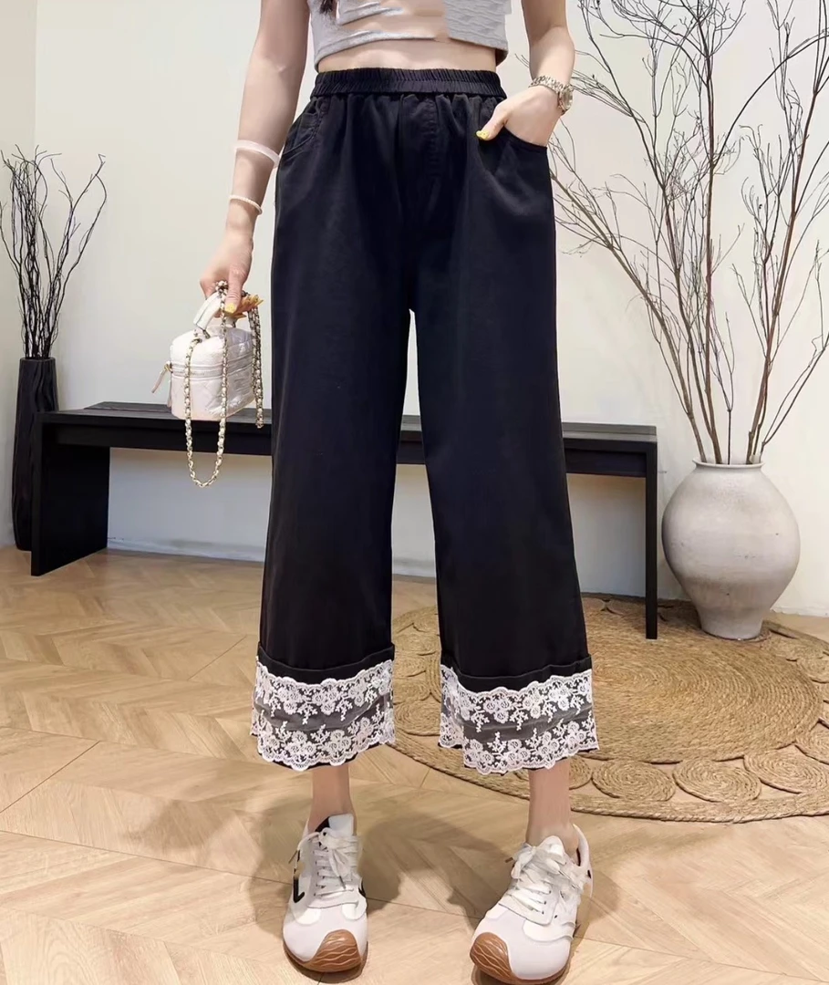 奇奇家潮派大码夏季新款宽松时尚休闲拼接蕾丝百搭弹性九分筒裤