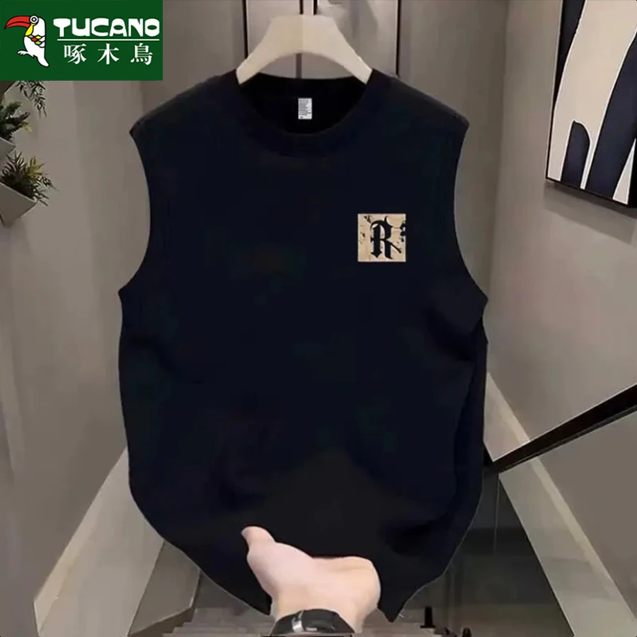 啄木鸟纯棉男士无袖t恤男女潮流宽松圆领百搭印花韩版全棉无袖ins