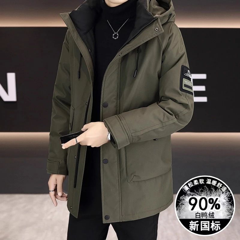 中长款羽绒服男冬季2025新款潮牌连帽加厚派克服高端保暖工装外套