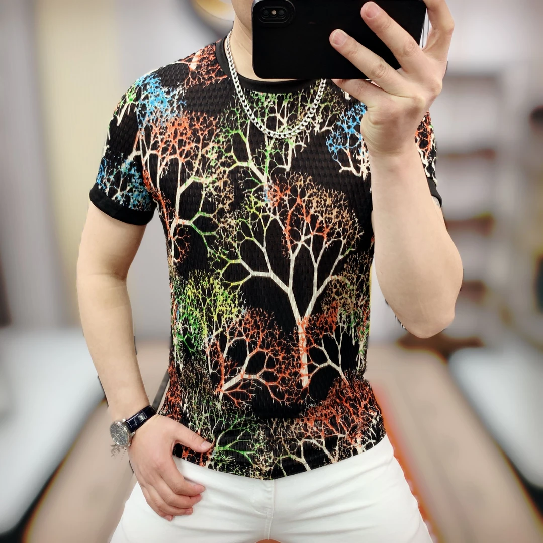 阿凯严选  欧洲站2025夏季新款男士潮流冰丝镂空圆领修身时尚短袖