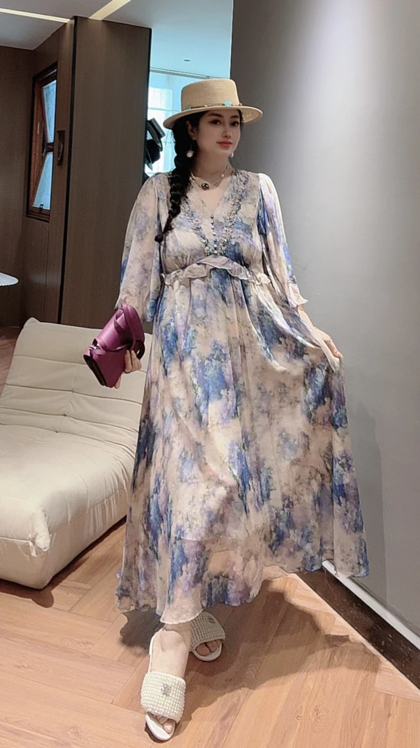 Chouduoduo·莫奈花园夏季碎花收腰气质桑蚕丝连衣裙（不能机洗）