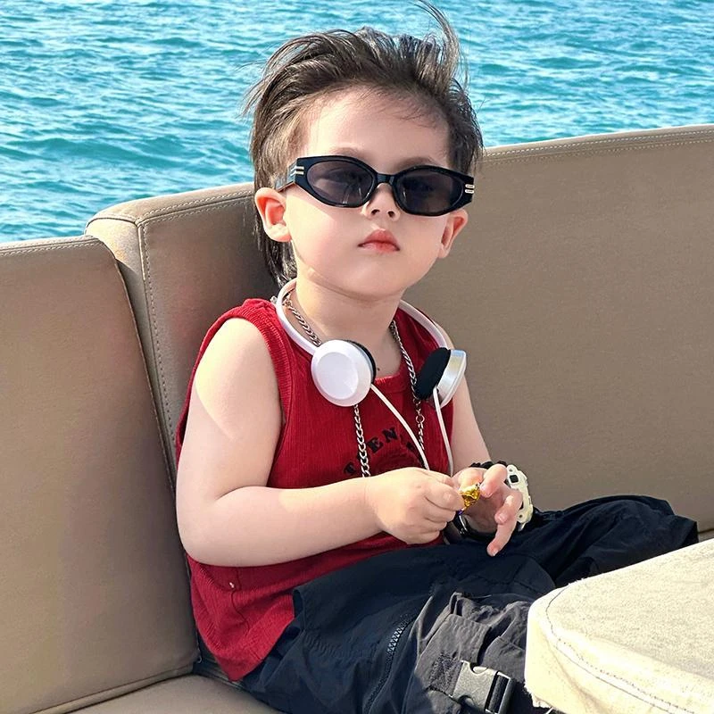 夏季新款复古酒红色男童背心无袖上衣百搭裤子两件套 SZ