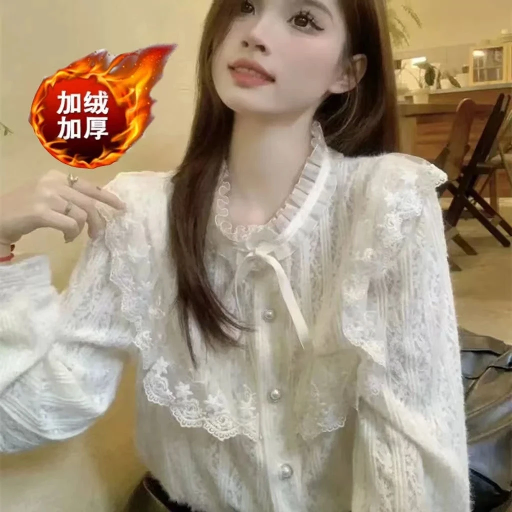 蕾丝衬衫女2025年春夏新款蝴蝶结小衫系带磨毛宽松长袖百搭上衣