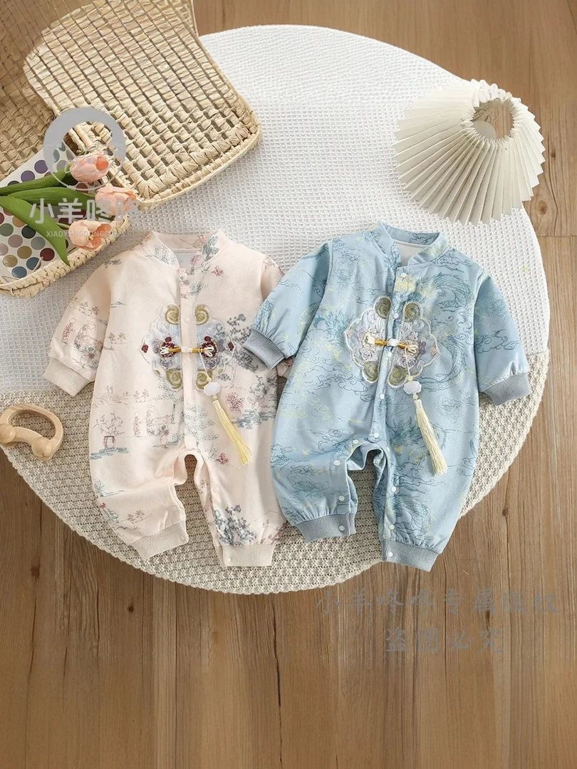 【双层】春秋季刺绣荷花婴幼儿男女宝连体衣童装新生儿婴儿衣服