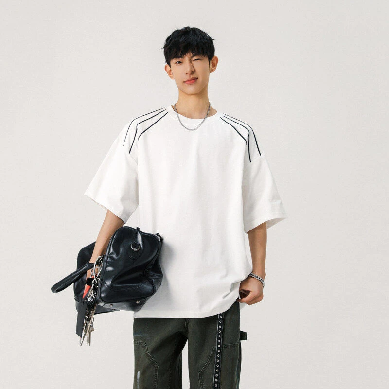 夏季宽松美式高街痞帅三杠拉条短袖T恤男休闲百搭白色简约体恤潮