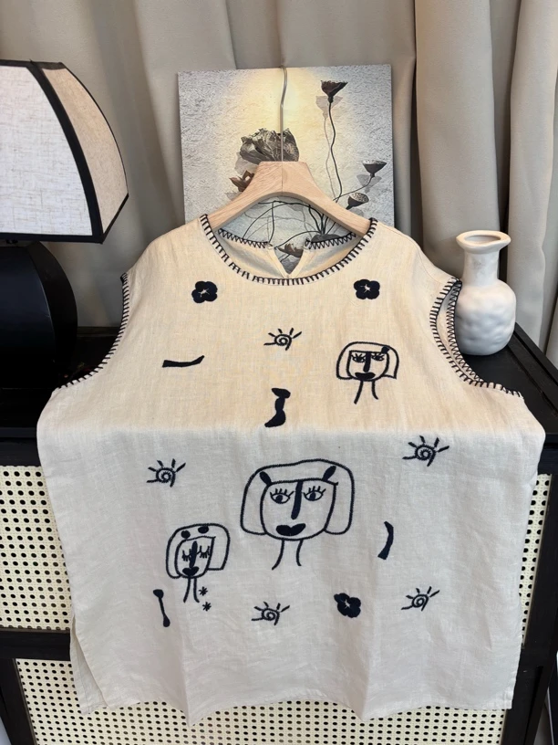 亚麻涂鸦刺绣圆领无袖上衣女夏复古文艺宽松显瘦背心