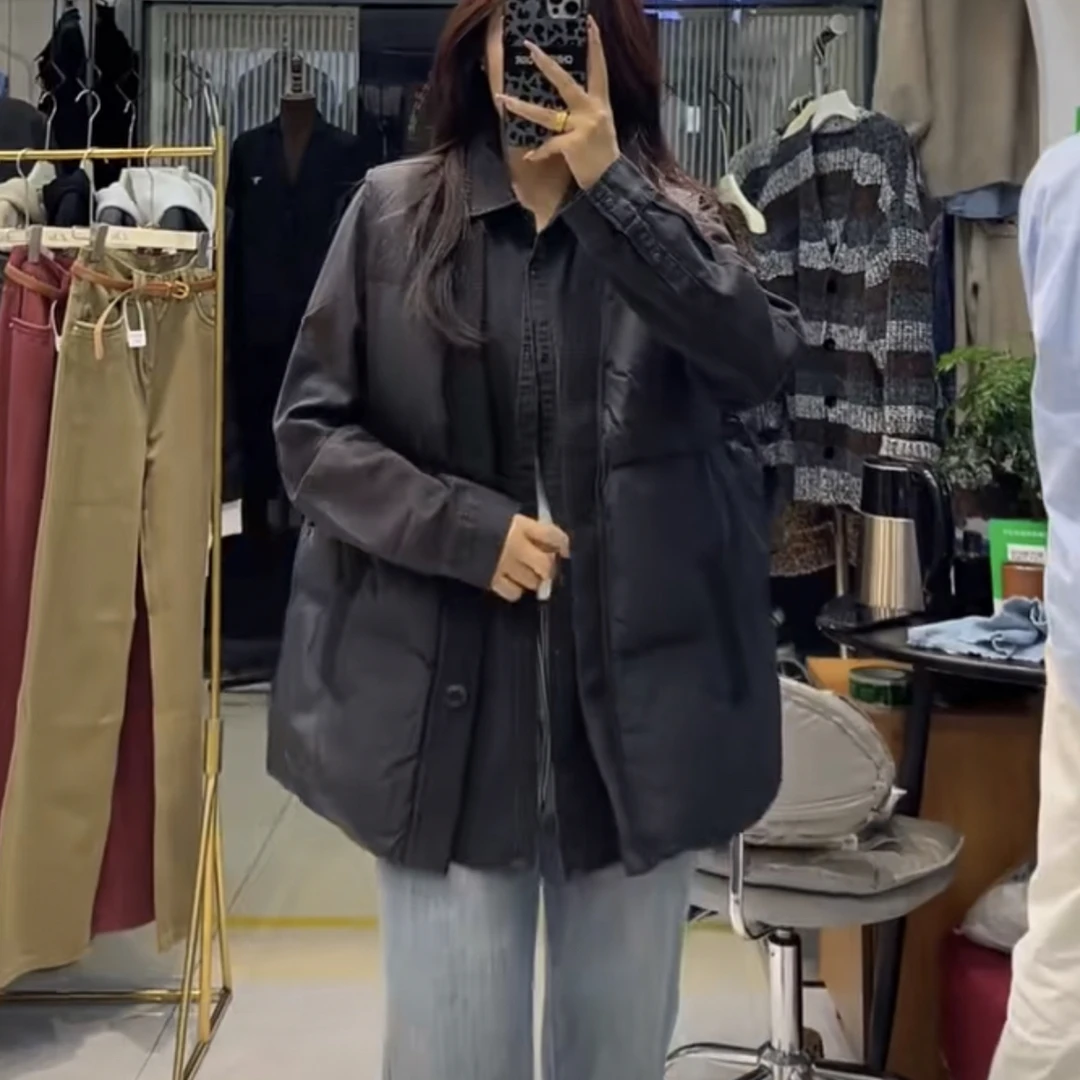 百搭休闲宽松简约翻领纯色夹棉保暖女士外套秋冬款