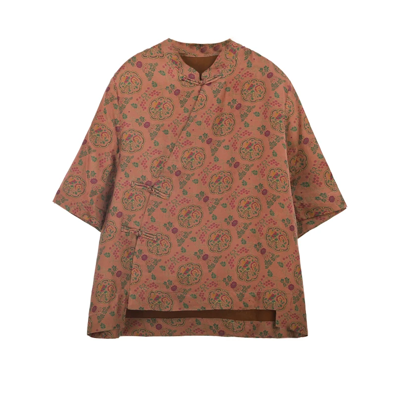 25姆满桑红云纱花罗水果盛宴彤管粉立领斜襟前短后长上衣12385-6