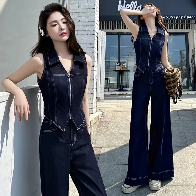 美式辣妹牛仔套装女2025夏季显瘦百搭无袖马夹阔腿裤时尚两件套潮