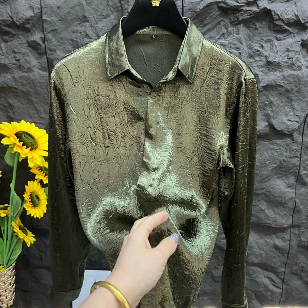 春夏季新款男士轻奢复古长袖褶皱衬衫时尚潮流休闲百搭上衣25022