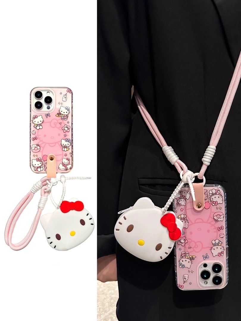 可爱晕染粉kt猫零钱包适用iPhone16promax苹果15手机壳14斜挎13女