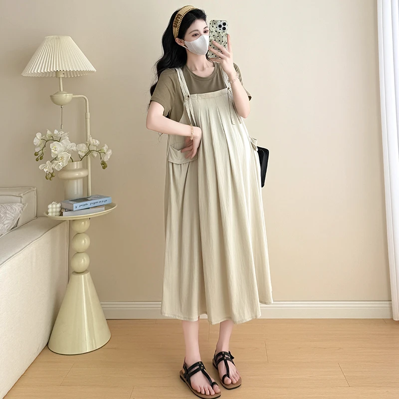 孕妇森系连衣裙背带休闲风INS风工装风短袖夏装减龄假两件吊带裙