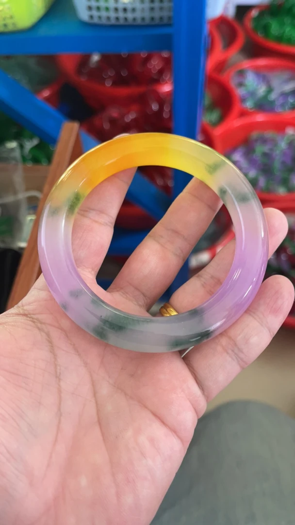 44  春彩紫绿黄胖圆条手镯   AA