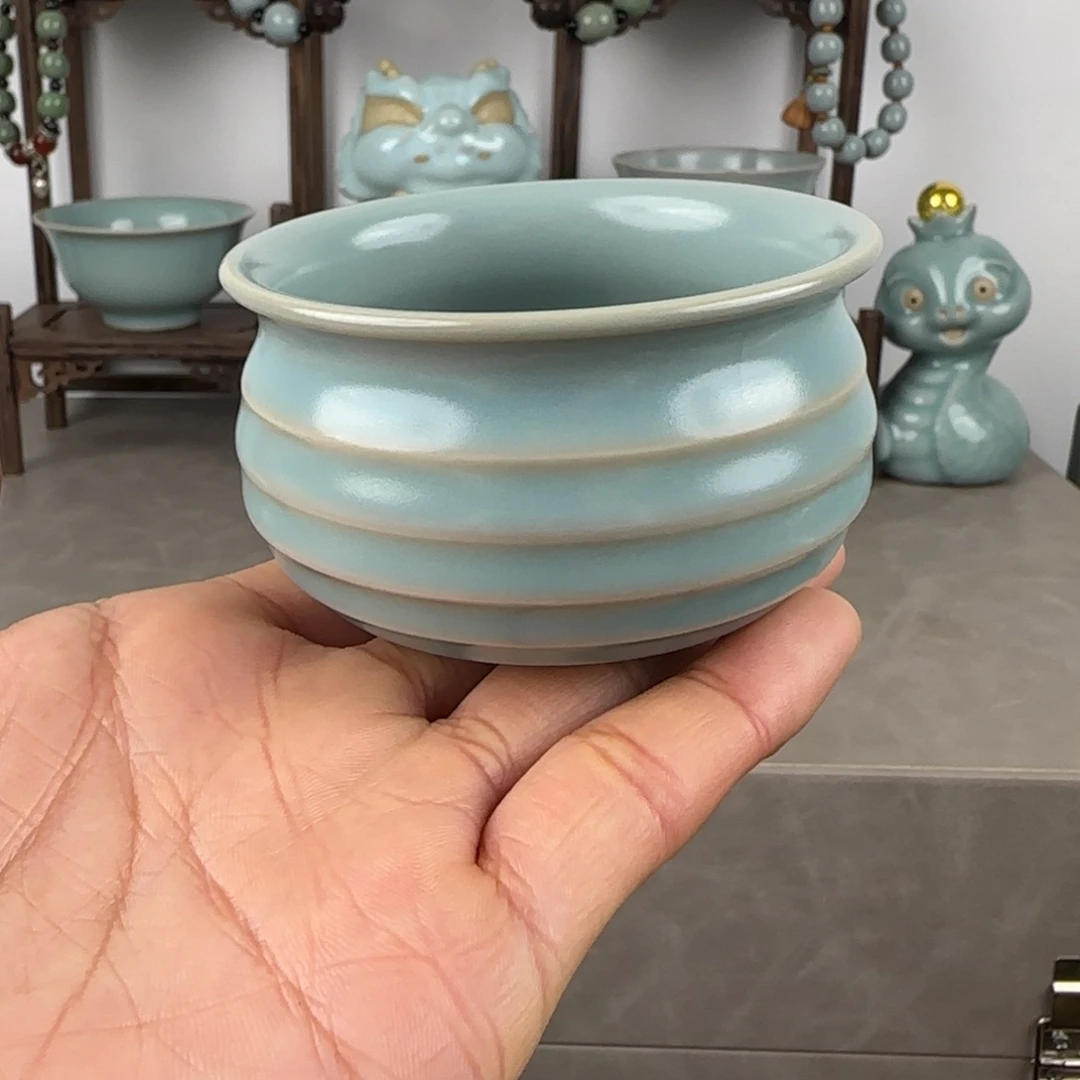 瓷片汝瓷旋纹杯仿古釉支钉烧