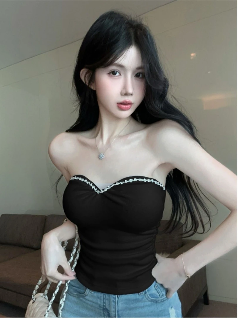 法式气质别致绝美设计感烫钻抹胸背心女显瘦修身显瘦内搭裹胸上衣