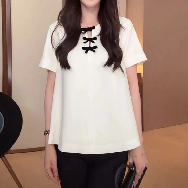 港风复古优雅纯色拼接蝴蝶结开V圆领小衫高级感遮肉显瘦短袖上衣