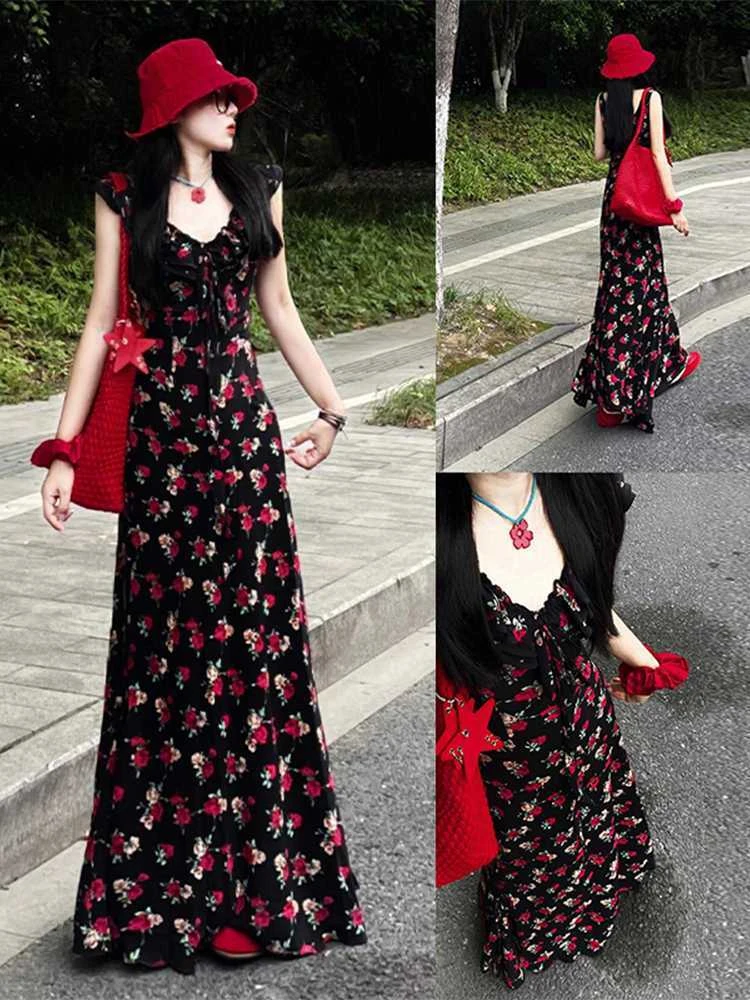 大码胖mm黑色v领碎花连衣裙夏季新款法式气质掐腰小飞袖包臀长裙