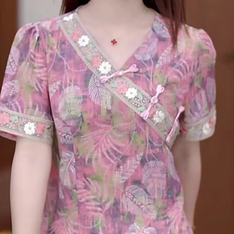 夏季新中式短袖碎花上衣优雅斜襟盘扣洋气减龄显瘦