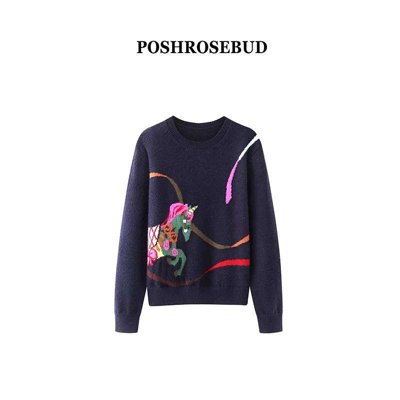 【POSHROSEBUD】法式时尚小马图案圆领羊毛毛衣打底毛衣RJ5067