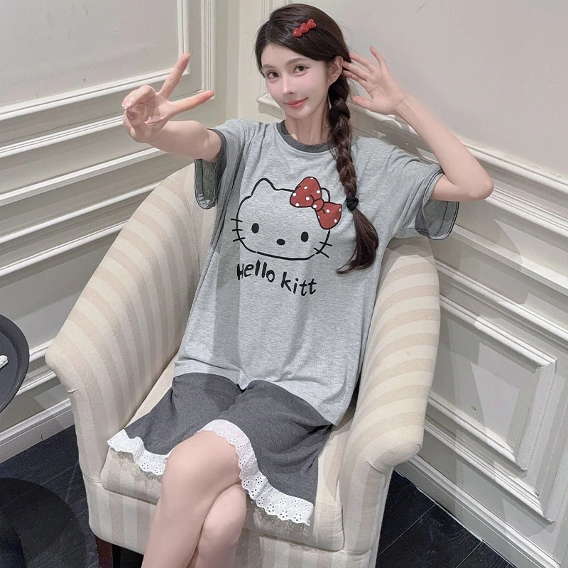 韩版卡通猫咪莫代尔睡衣女款夏季爆款短袖短裤少女家居服两件套装