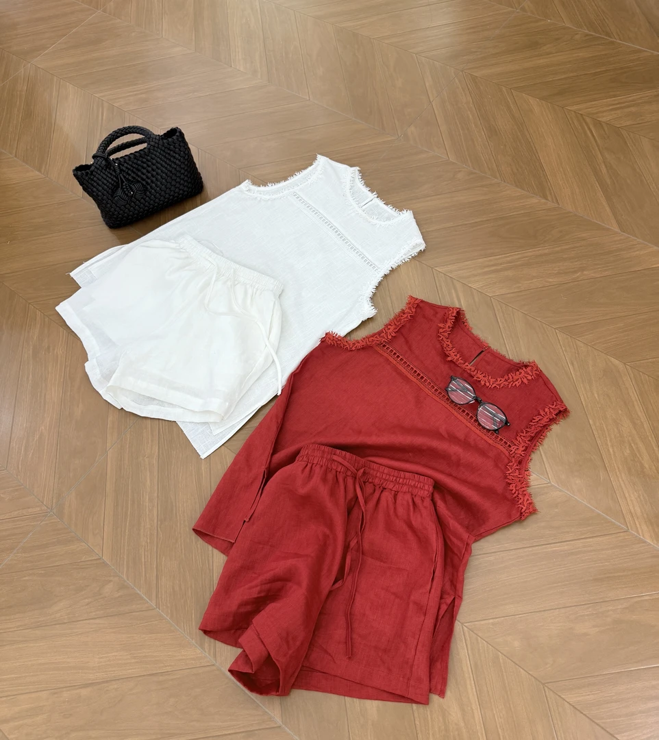 【BayaLi】2025新品自制100%亚麻休闲松弛感松紧腰短裤套装