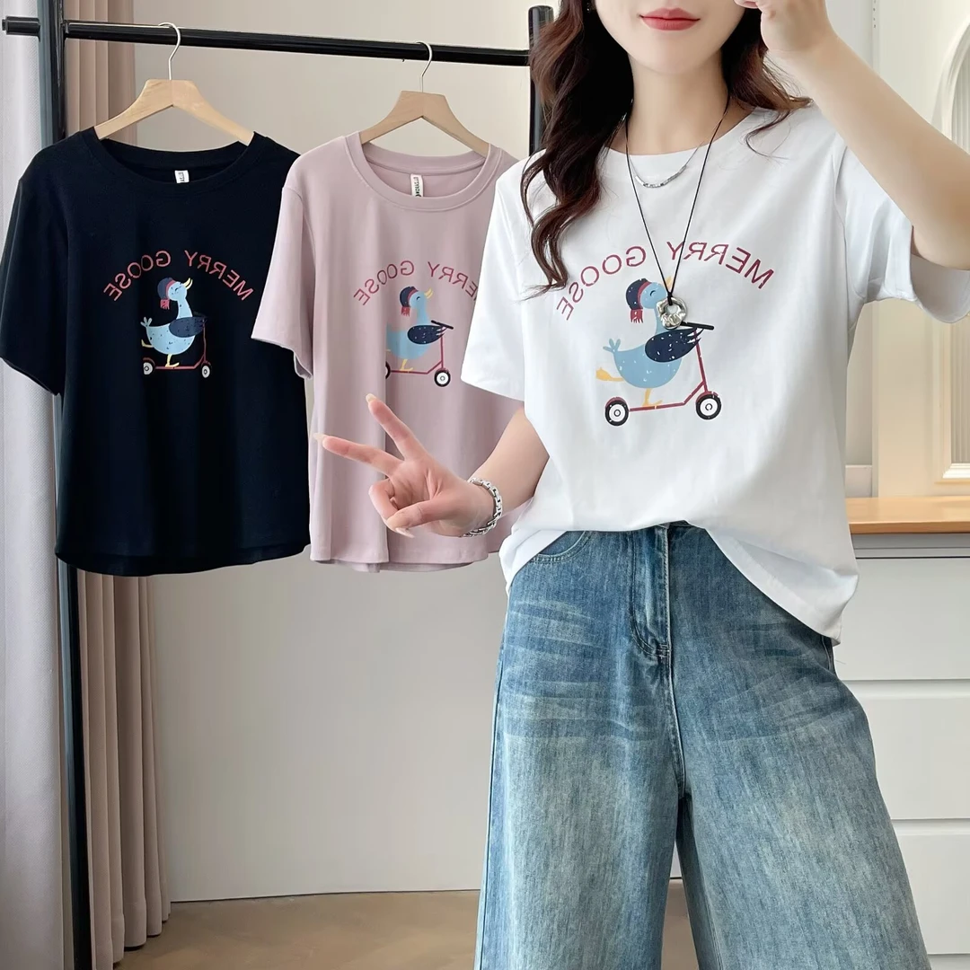 胖mm夏季新款2025大码女装宽松减龄圆领正肩卡通短袖上衣T恤衫女
