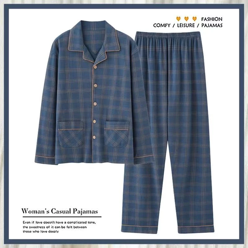 2025新款格纹男款大码春秋季翻领开衫长袖长裤秋季套装EB029