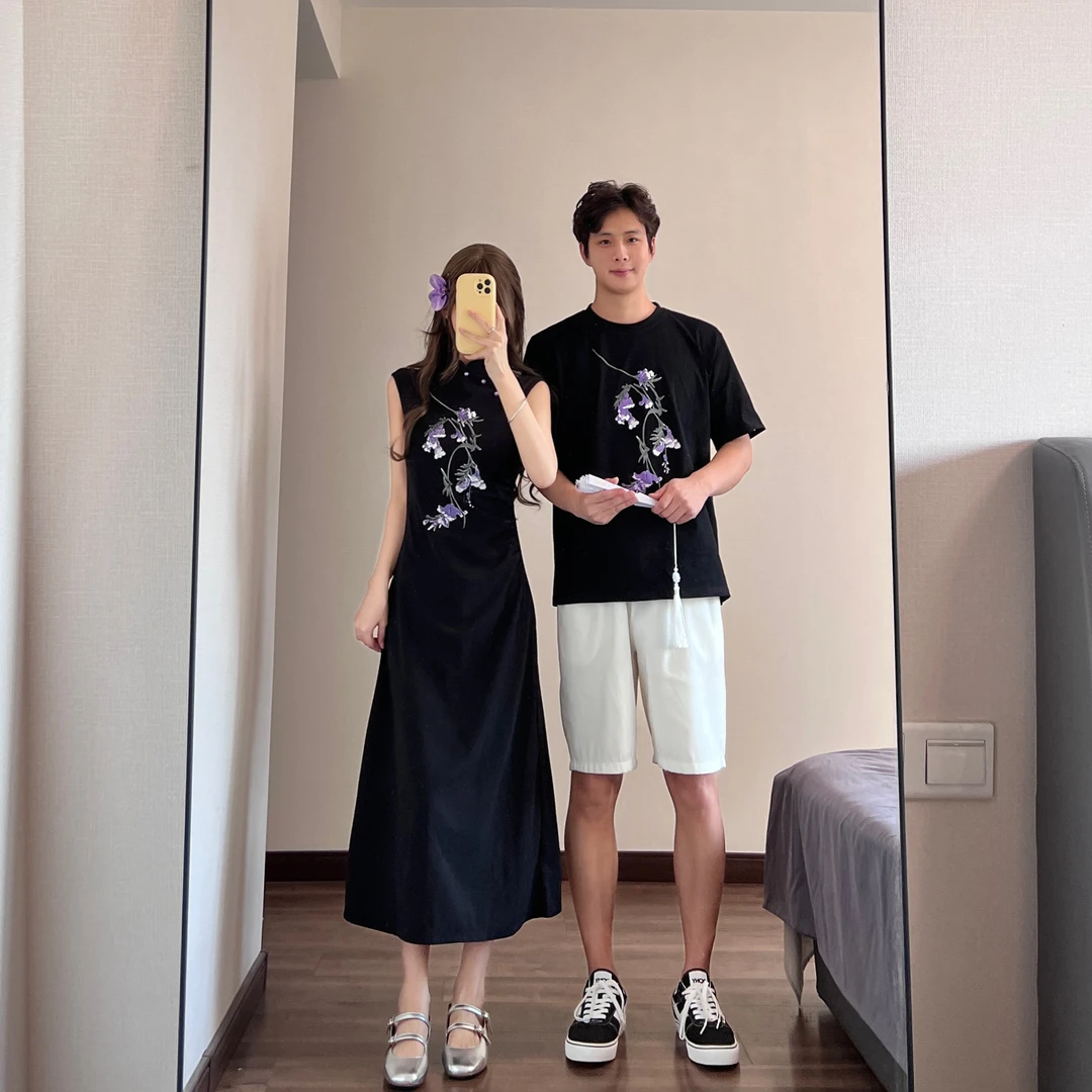 情侣装夏季新中式收腰显瘦女连衣裙男短袖T恤一裙一衣潮