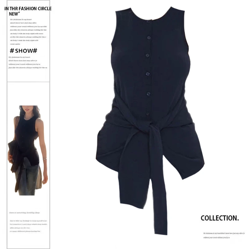 城市出逃 夏美式露肩吊带背心辣妹修身假两件绑带上衣