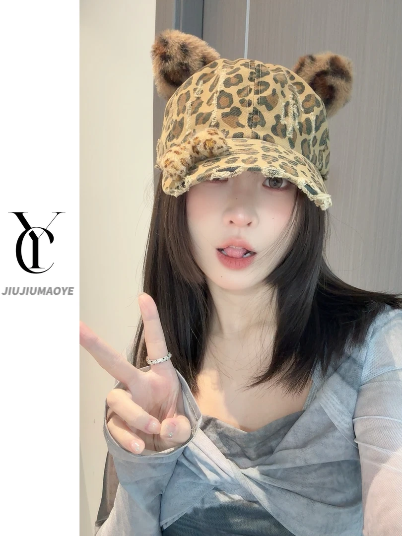 猫耳朵豹纹鸭舌帽夏季休闲风做旧棒球帽帽子圆顶复古港风春夏秋季