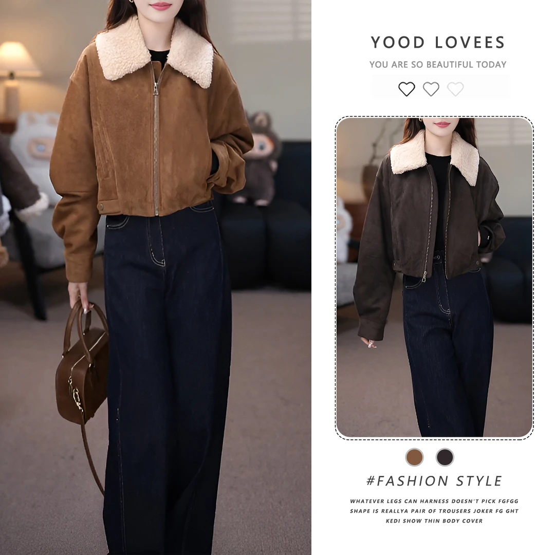 2025新女秋冬季短外套女宽松显瘦上衣翻领拼接毛毛领加厚棉服棉衣