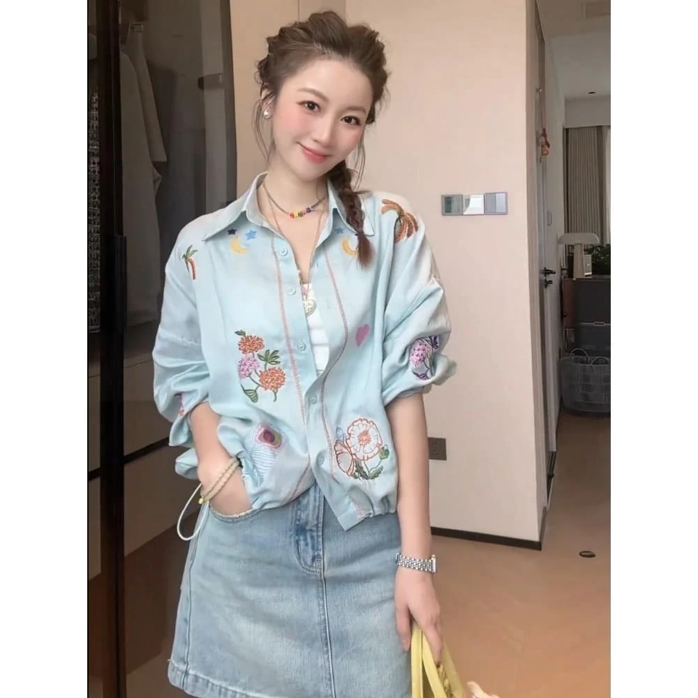 【天天】 2025夏款韩系慵懒宽松蓝色印花防晒外套宽松休闲短款上衣