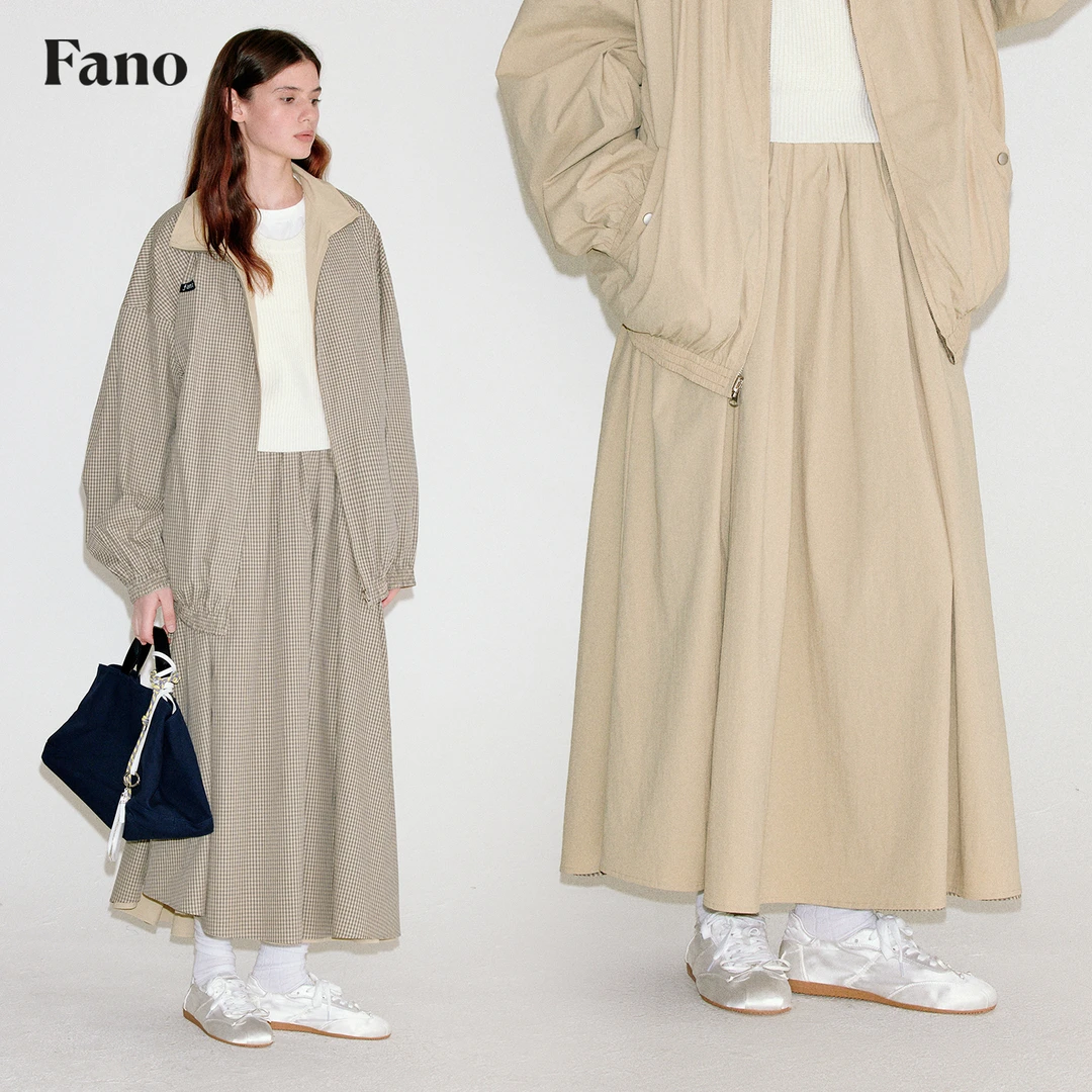范洛Fano“一裙两穿格纹卡其双色”慵懒随性长款半身裙FQ25B057