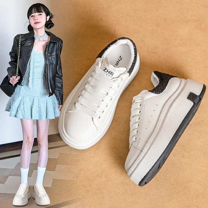 ZHR/则则时尚休闲鞋女2025春秋新款百搭厚底增高透气颜值小白板鞋