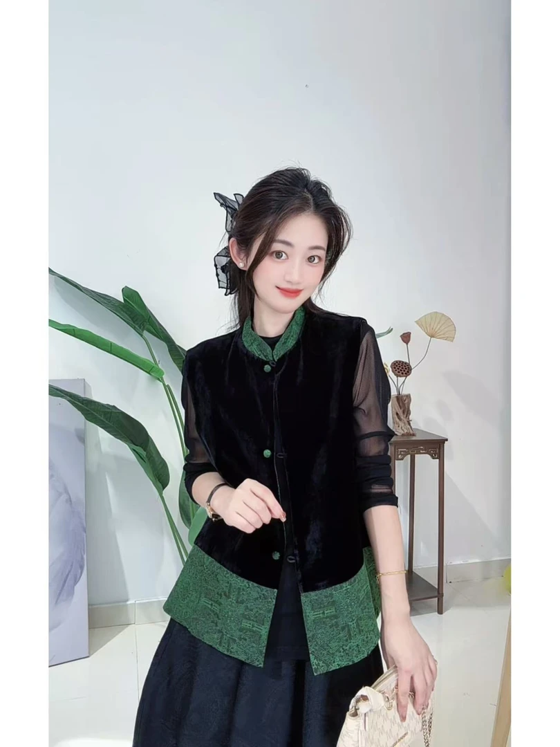 DY3046樱美嘉桑蚕丝真丝丝绒双面穿早秋款圆领提花新中式女马甲