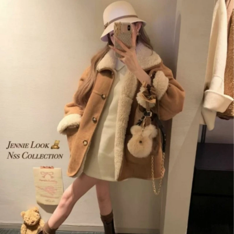 双面穿羊羔毛翻领麂皮绒皮毛一体外套冬季中长款加绒加厚毛毛外套