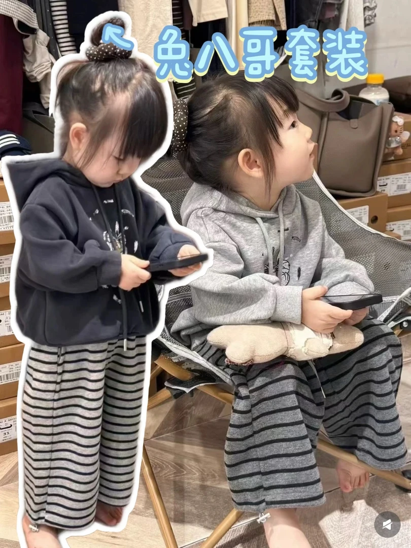 韩系女童可爱卡通印花套套头衫秋款中小童纯棉连帽卫衣条纹休闲裤