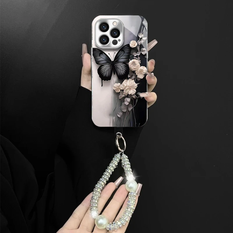 适用于苹果/oppo/华为/vivo/小米复古蝴蝶电镀玻璃手链防摔手机壳