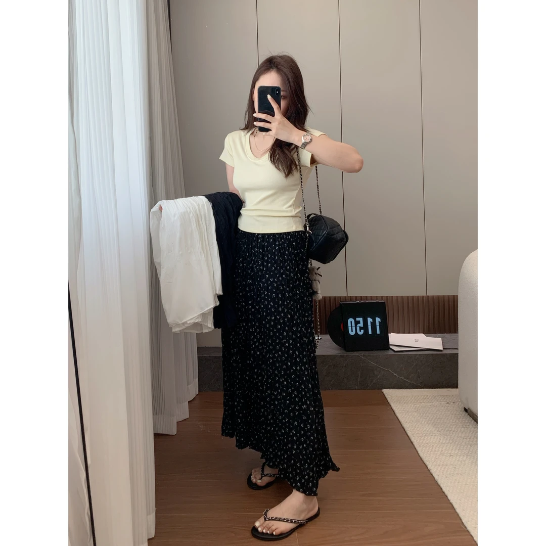 碎花半裙褶皱百搭三色松紧腰遮胯显瘦半身裙【夏日限定】