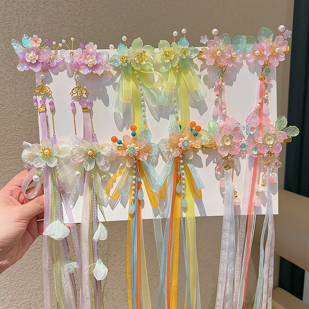 儿童古风发饰对夹女童超仙蝴蝶飘带发夹眉心贴宝宝古代汉服头饰