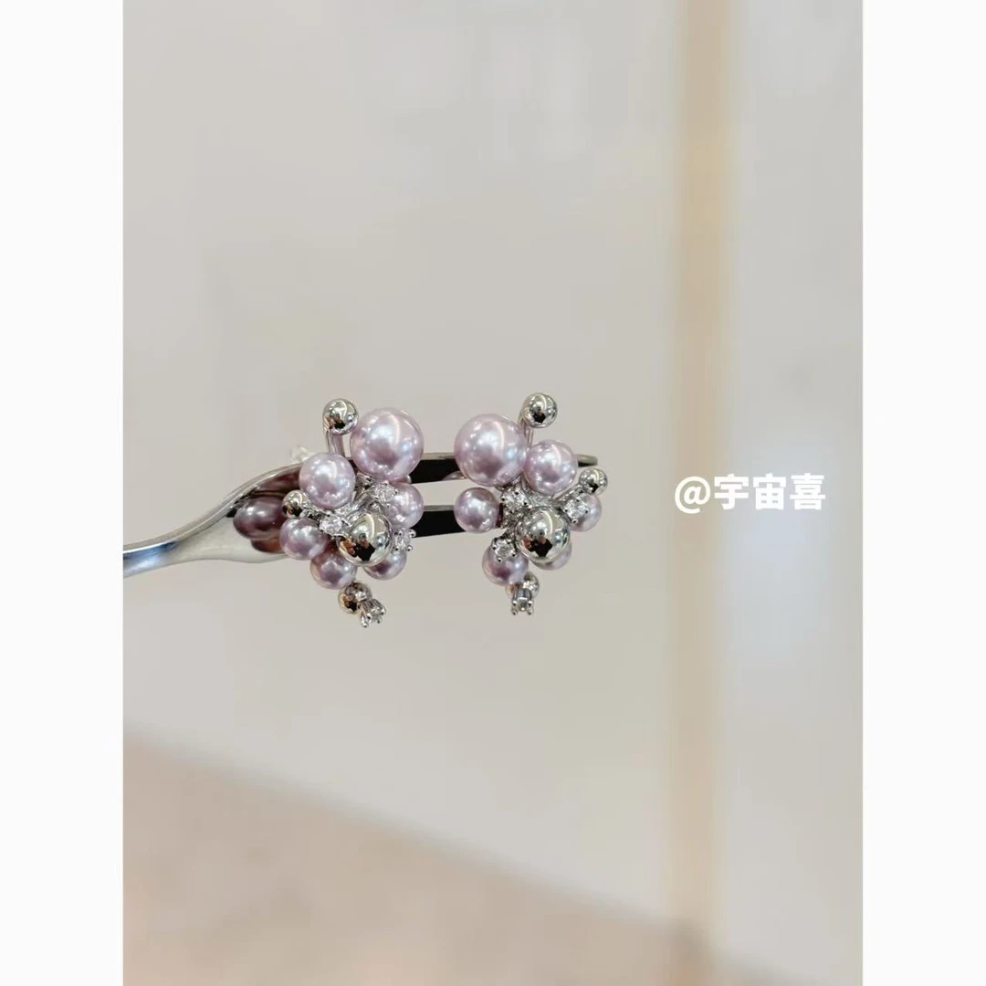 铜合金锆石耳饰  T3-023【花苞金属爆米花白锆紫色贝珠耳钉】