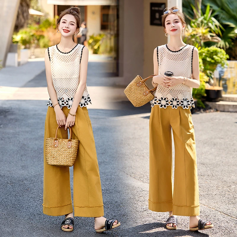 法式复古镂空钩花套装女2025夏季新款设计感洋气减龄阔腿裤三件套
