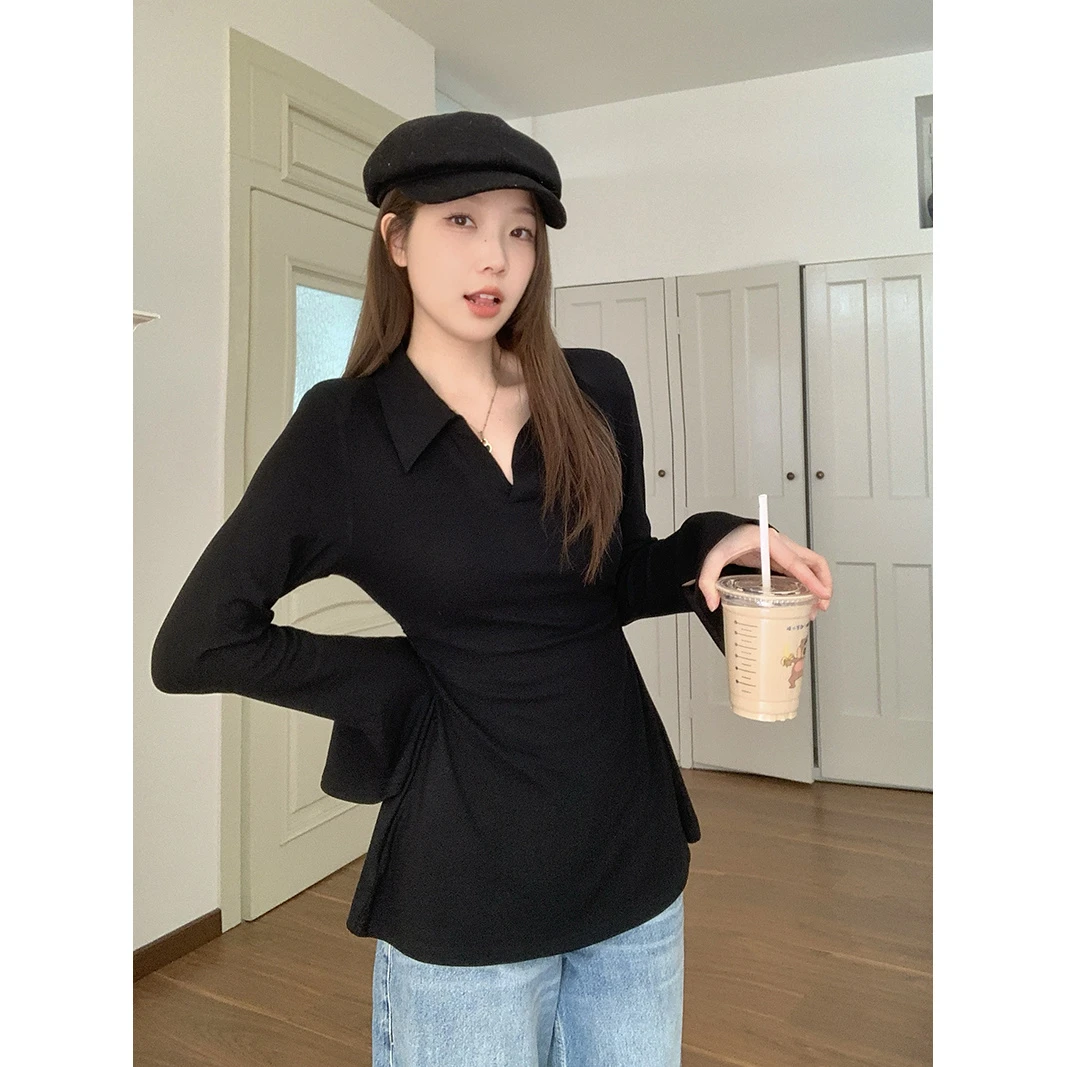 【西西】2025春装新款女胖mm收腰显瘦设计感喇叭袖T恤衫长袖上衣