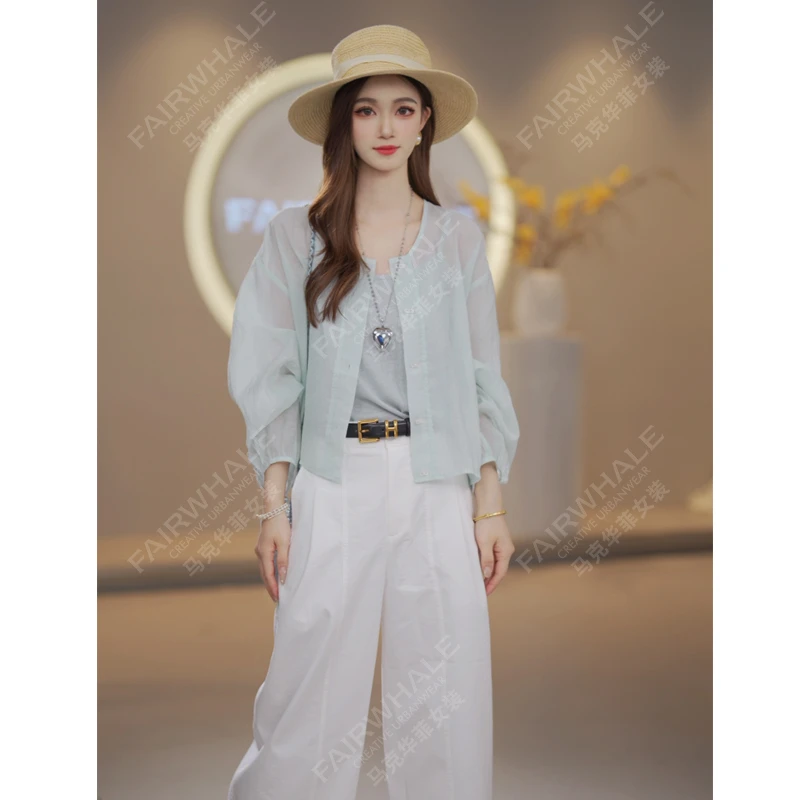 【花开半夏】马克华菲女装夏季欧若风气质长袖上衣两件套F52026A556