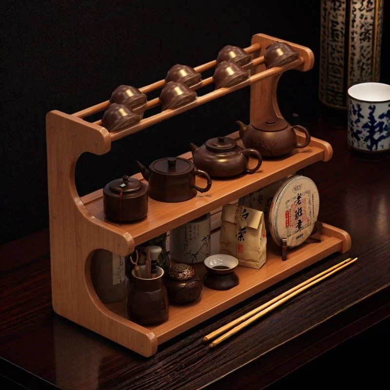 【店铺热销】桌面茶杯收纳置物架子小型博古架实木中式紫砂壶茶具