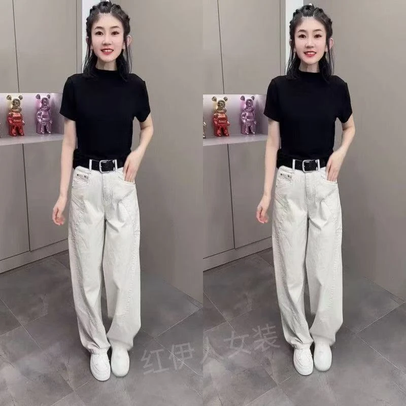 2025新款阔腿裤女士早秋水洗牛仔弯刀拖地裤时尚洋气高腰宽松长裤