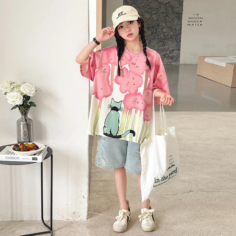 休闲风薄款套头女夏季套装夏装女童中大童卡通宽松印花时尚洋气