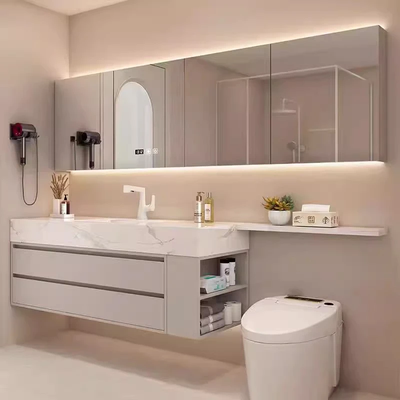 【岩板延长板马桶】岩板陶瓷无缝盆自带一体侧边柜浴室柜洗脸盆柜