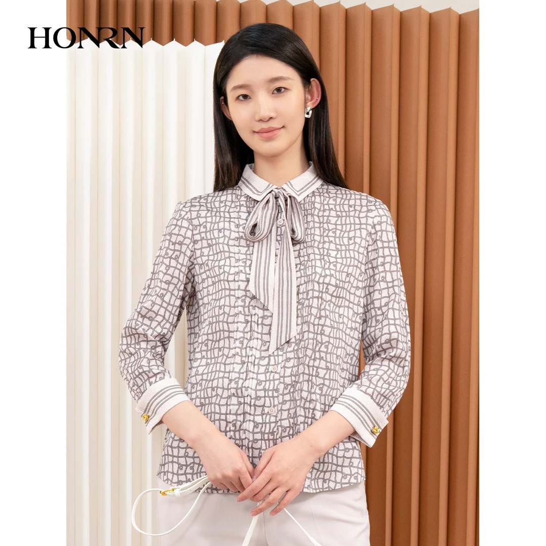 HONRN/红人印花优雅气质POLO领系带衬衫长袖上衣女秋HI33OC263