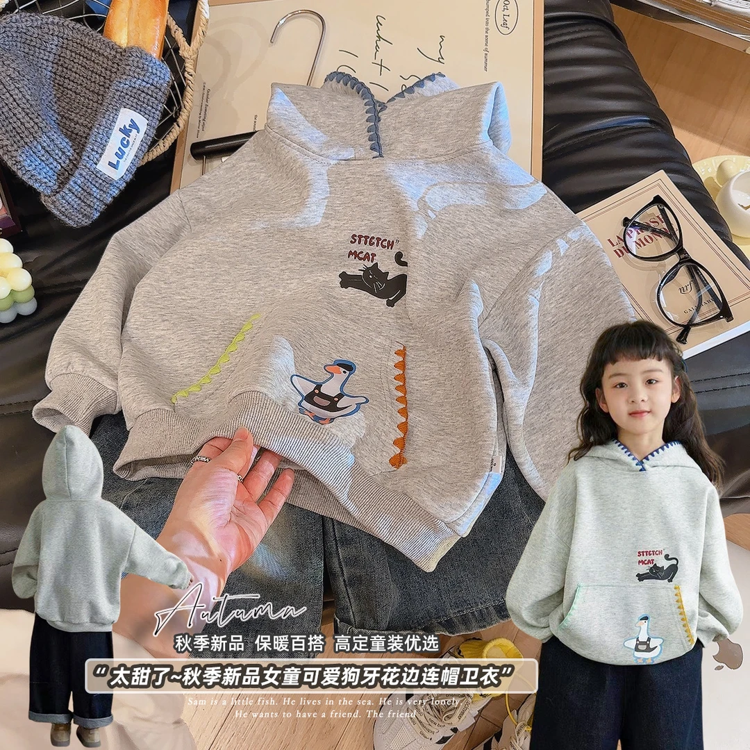 儿童连帽卫衣2025春秋新款男女童宝宝休闲卡通印花贝壳绣带帽上衣